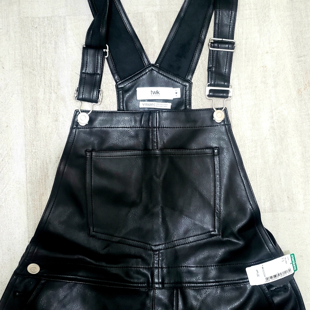 Twik Black Leather Overalls with Front Pocket